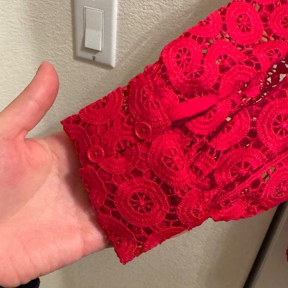 French Connection Lace Red Balloon Sleeve V-Neck Dress - Picture 12 of 13